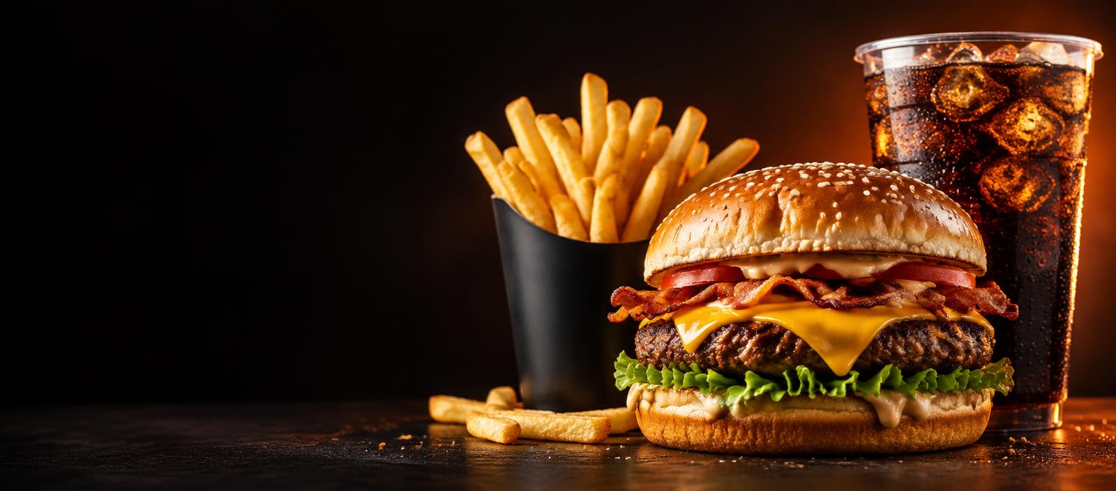 Combo promocional com hambúrguer, batata e bebida
